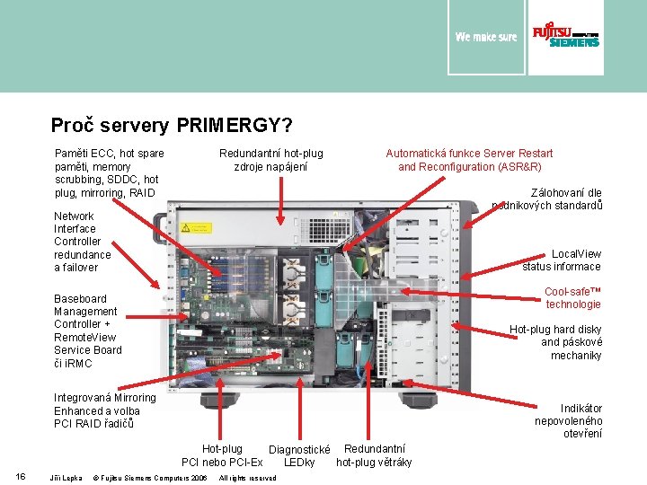 Proč servery PRIMERGY? Paměti ECC, hot spare paměti, memory scrubbing, SDDC, hot plug, mirroring,