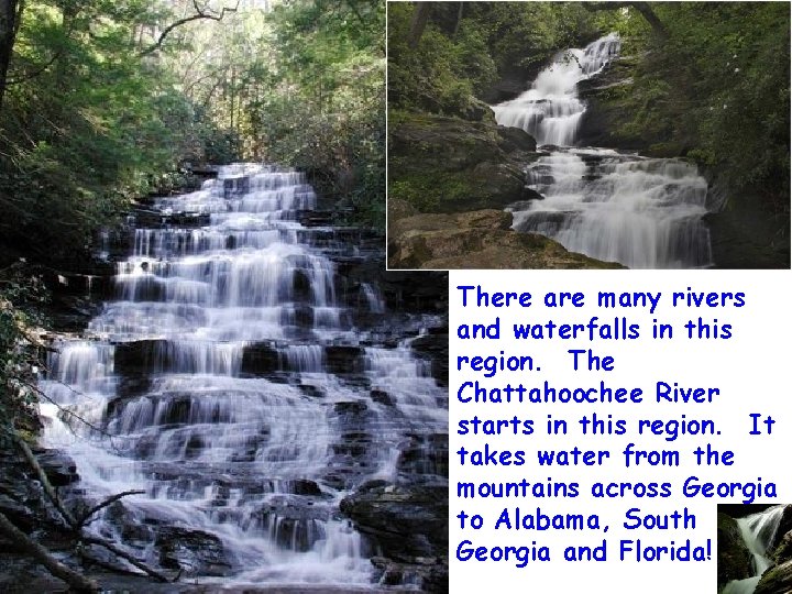 There are many rivers and waterfalls in this region. The Chattahoochee River starts in