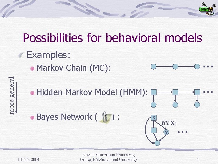 Possibilities for behavioral models Examples: more general Markov Chain (MC): Hidden Markov Model (HMM):