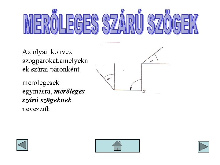 Az olyan konvex szögpárokat, amelyekn ek szárai páronként merőlegesek egymásra, merőleges szárú szögeknek nevezzük.