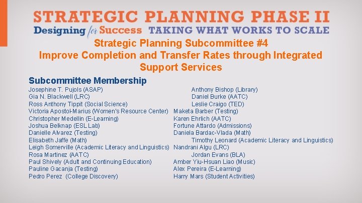 Strategic Planning Subcommittee #4 Improve Completion and Transfer Rates through Integrated Support Services Subcommittee