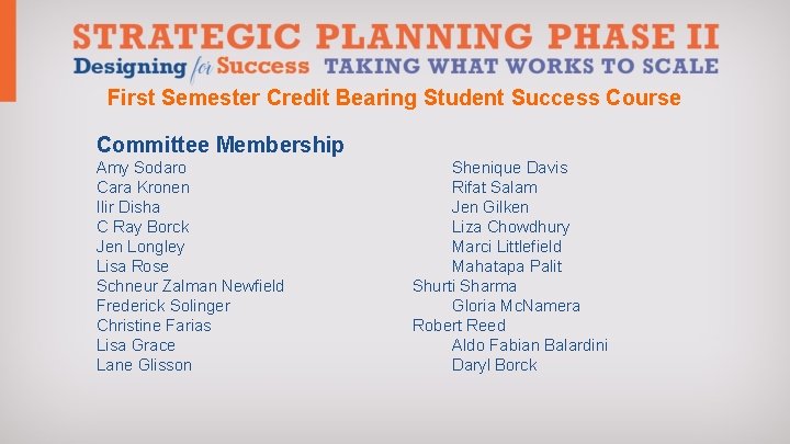 First Semester Credit Bearing Student Success Course Committee Membership Amy Sodaro Cara Kronen Ilir