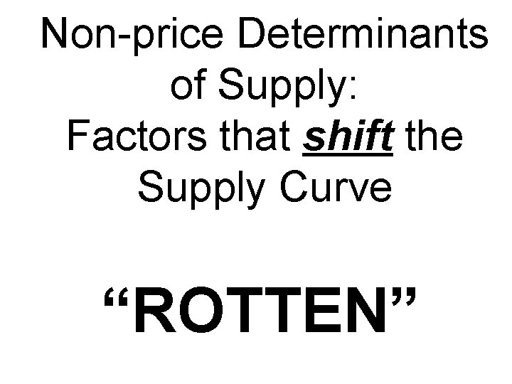 Non-price Determinants of Supply: Factors that shift the Supply Curve “ROTTEN” 