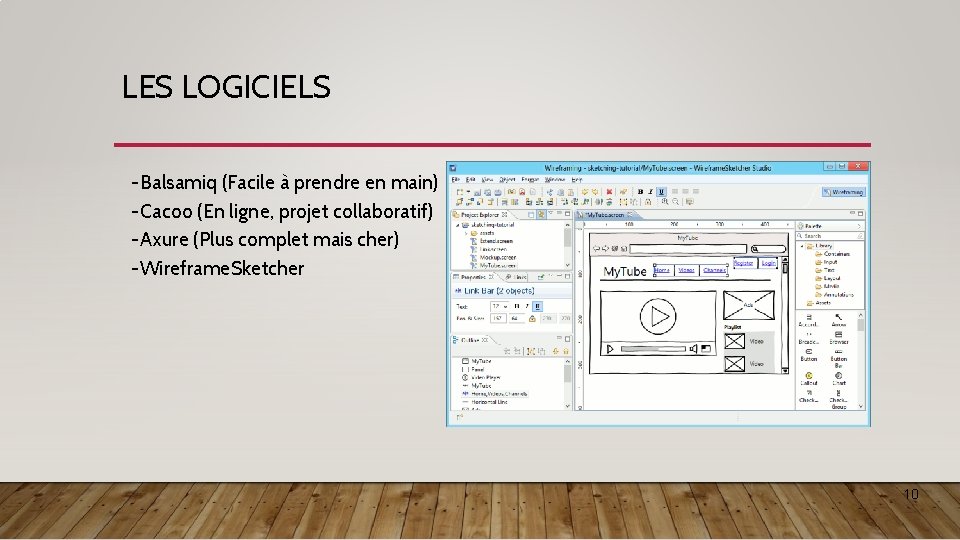 LES LOGICIELS -Balsamiq (Facile à prendre en main) -Cacoo (En ligne, projet collaboratif) -Axure