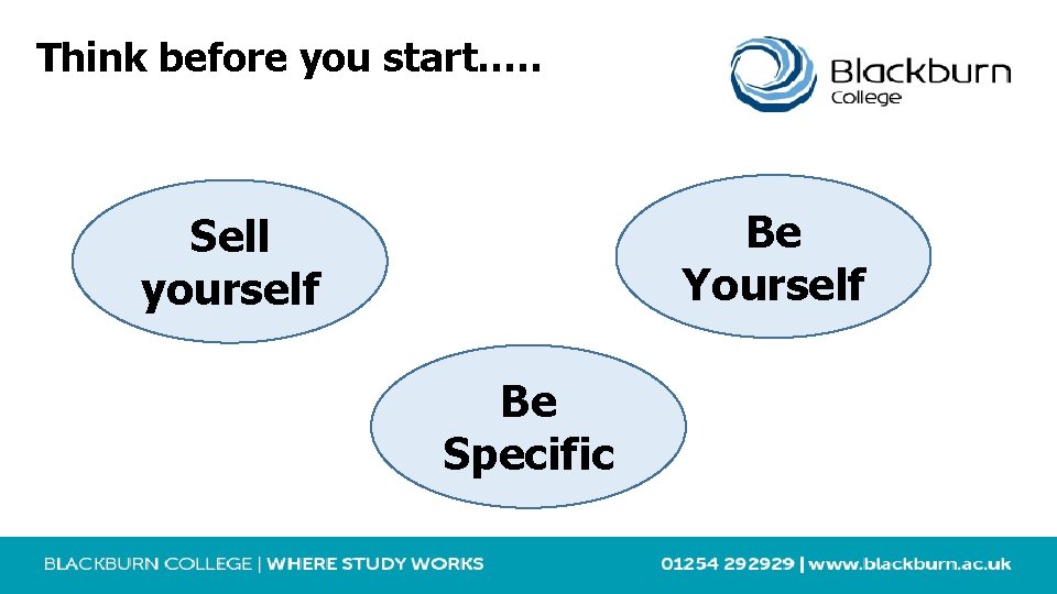 Think before you start…. . Be Yourself Sell yourself Be Specific 