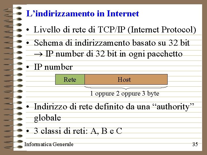 L’indirizzamento in Internet • Livello di rete di TCP/IP (Internet Protocol) • Schema di