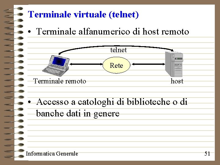 Terminale virtuale (telnet) • Terminale alfanumerico di host remoto telnet Rete Terminale remoto host
