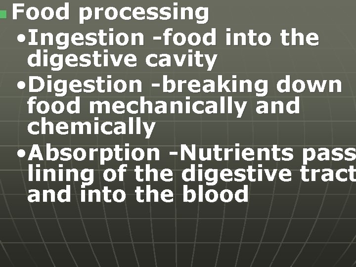 n Food processing • Ingestion -food into the digestive cavity • Digestion -breaking down