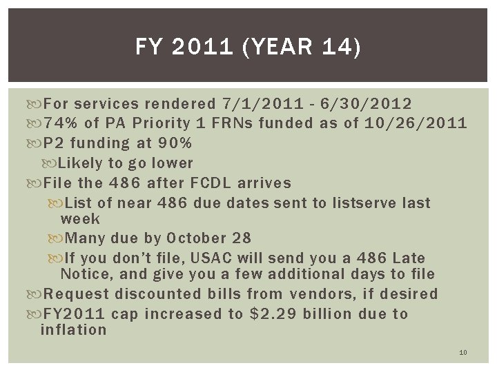 FY 2011 (YEAR 14) For services rendered 7/1/2011 - 6/30/2012 74% of PA Priority