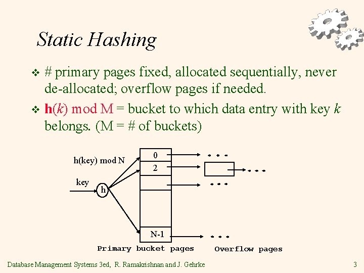 Static Hashing # primary pages fixed, allocated sequentially, never de-allocated; overflow pages if needed.