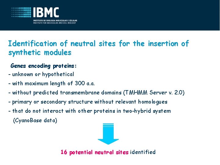 Identification of neutral sites for the insertion of synthetic modules Genes encoding proteins: -