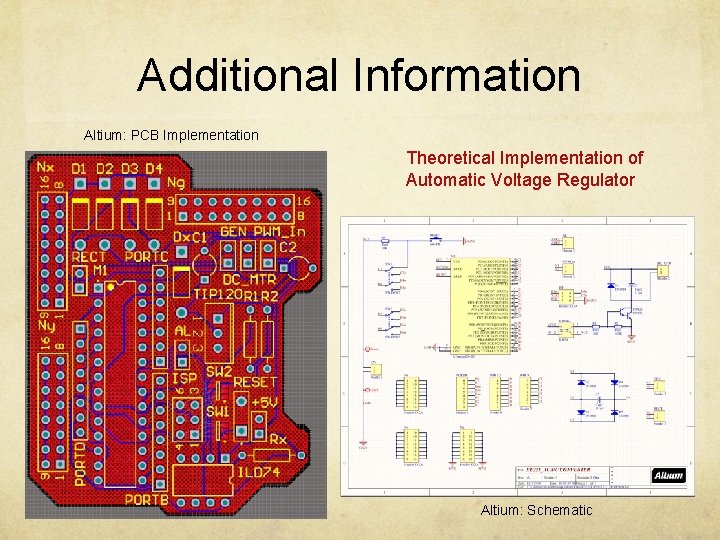 Additional Information Altium: PCB Implementation Theoretical Implementation of Automatic Voltage Regulator Altium: Schematic 
