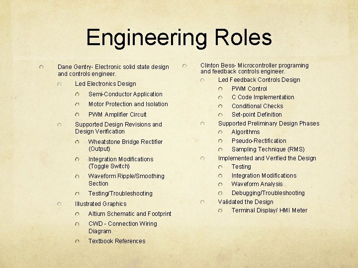 Engineering Roles Dane Gentry- Electronic solid state design and controls engineer. Led Electronics Design