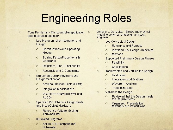 Engineering Roles Tone Pondaharn- Microcontroller application and integration engineer Led Microcontroller Integration and Design