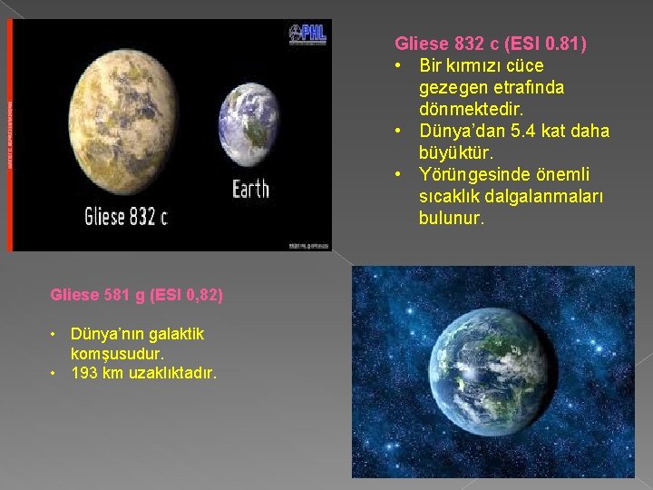 Gliese 832 c (ESI 0. 81) • Bir kırmızı cüce gezegen etrafında dönmektedir. •