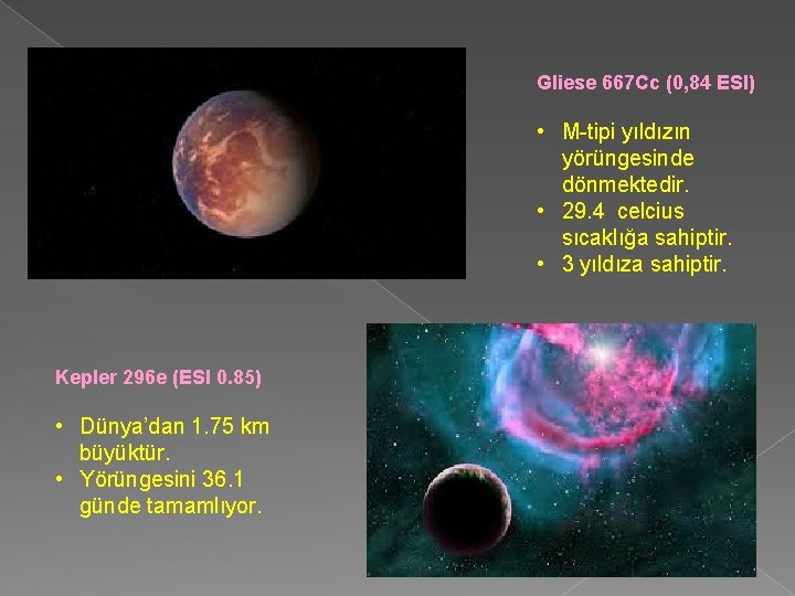Gliese 667 Cc (0, 84 ESI) • M-tipi yıldızın yörüngesinde dönmektedir. • 29. 4