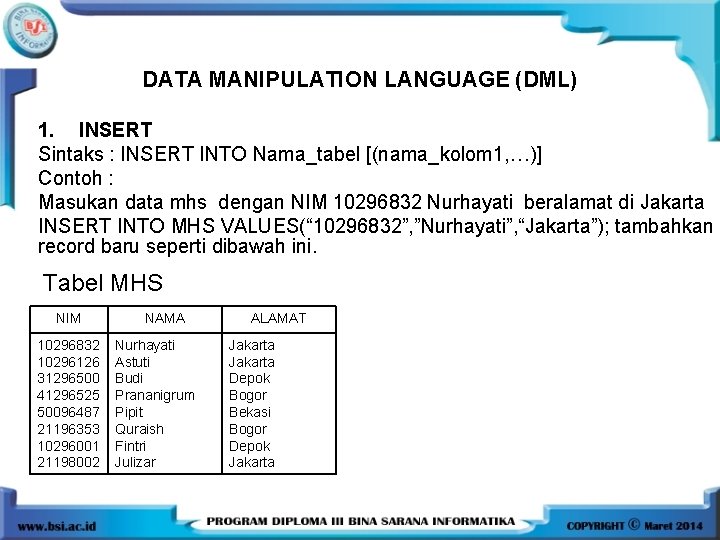 DATA MANIPULATION LANGUAGE (DML) 1. INSERT Sintaks : INSERT INTO Nama_tabel [(nama_kolom 1, …)]