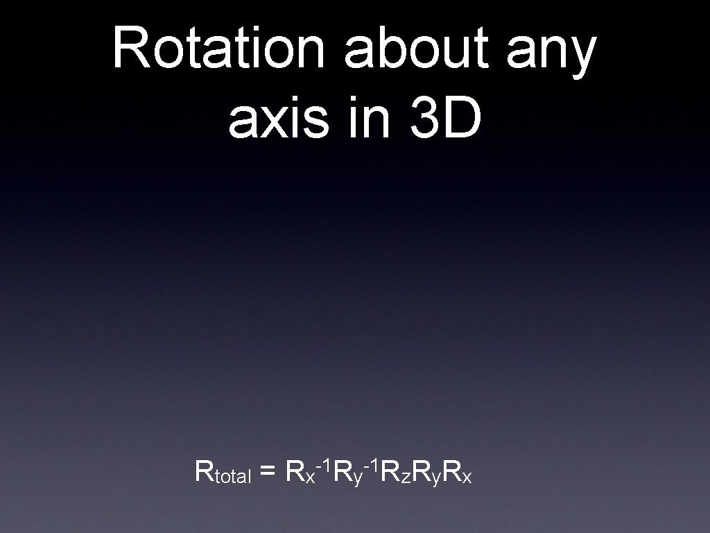 Rotation about any axis in 3 D Rtotal = -1 -1 Rx Ry Rz.