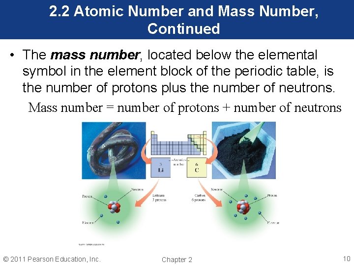 2. 2 Atomic Number and Mass Number, Continued • The mass number, located below