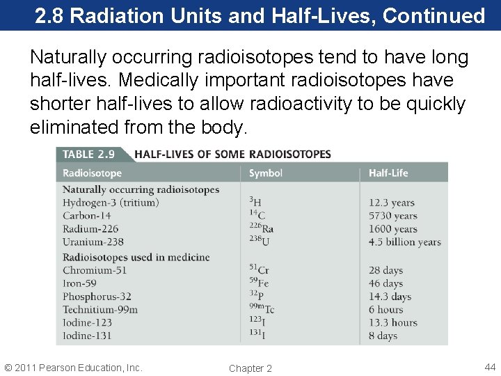 2. 8 Radiation Units and Half-Lives, Continued Naturally occurring radioisotopes tend to have long
