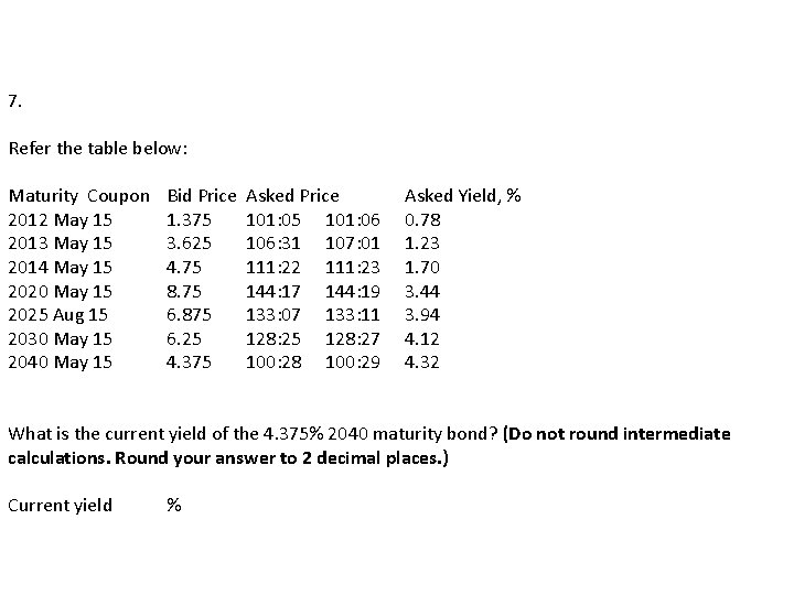 7. Refer the table below: Maturity Coupon 2012 May 15 2013 May 15 2014