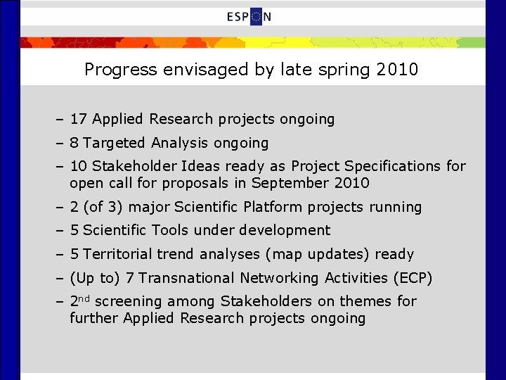 Progress envisaged by late spring 2010 – 17 Applied Research projects ongoing – 8