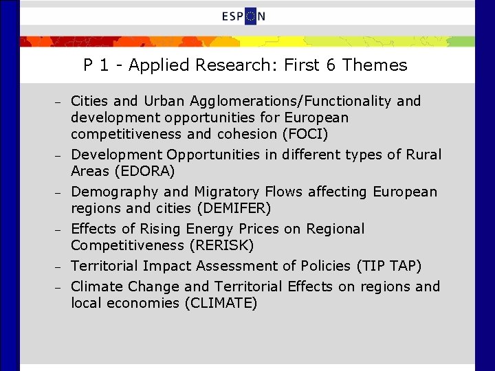 P 1 - Applied Research: First 6 Themes – – – Cities and Urban