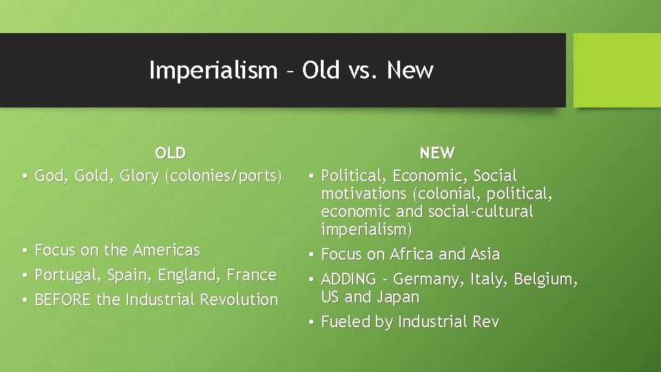Imperialism – Old vs. New OLD • God, Gold, Glory (colonies/ports) • Focus on