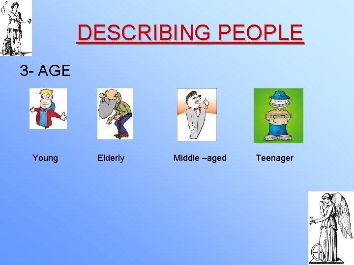 DESCRIBING PEOPLE 3 - AGE Young Elderly Middle –aged Teenager 