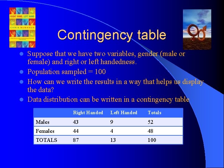 Contingency table Suppose that we have two variables, gender (male or female) and right Contingency table Suppose that we have two variables, gender (male or female) and right