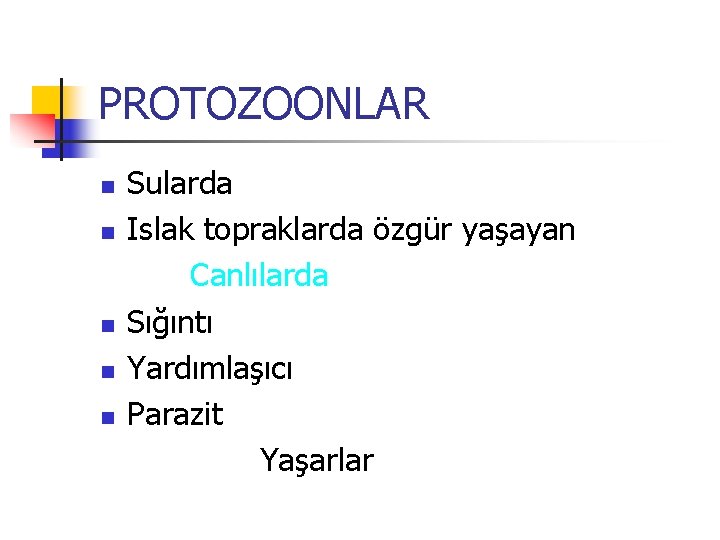 PROTOZOONLAR n n n Sularda Islak topraklarda özgür yaşayan Canlılarda Sığıntı Yardımlaşıcı Parazit Yaşarlar