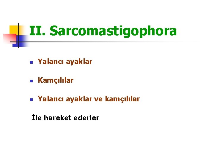 II. Sarcomastigophora n Yalancı ayaklar n Kamçılılar n Yalancı ayaklar ve kamçılılar İle hareket