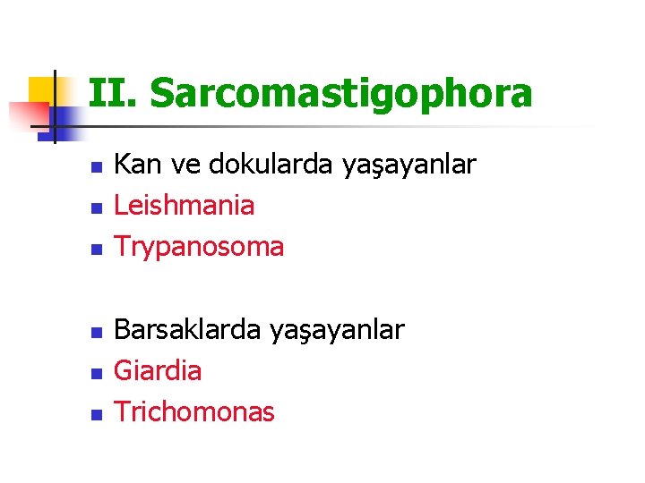 II. Sarcomastigophora n n n Kan ve dokularda yaşayanlar Leishmania Trypanosoma Barsaklarda yaşayanlar Giardia