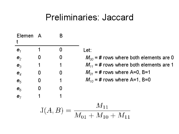 Preliminaries: Jaccard Elemen A t B e 1 1 0 e 2 0 0