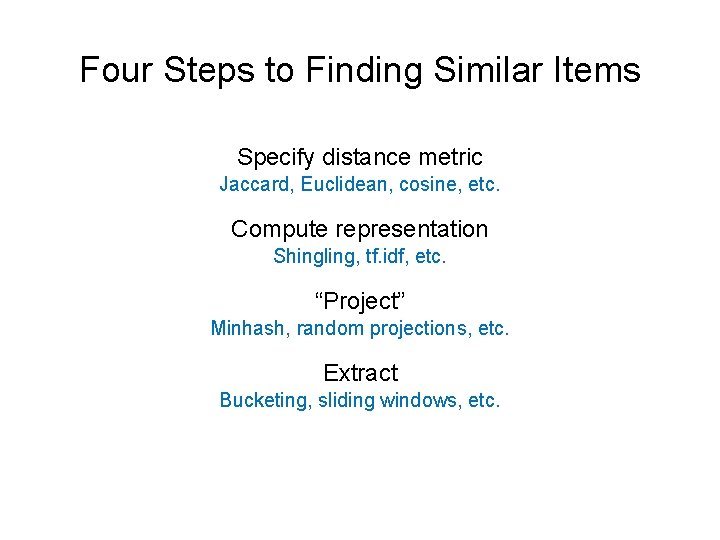 Four Steps to Finding Similar Items Specify distance metric Jaccard, Euclidean, cosine, etc. Compute