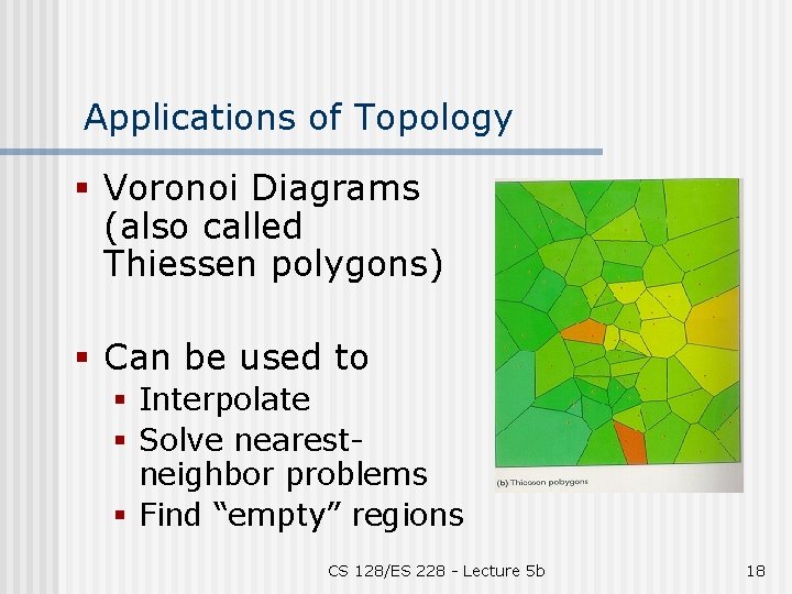 Applications of Topology § Voronoi Diagrams (also called Thiessen polygons) § Can be used