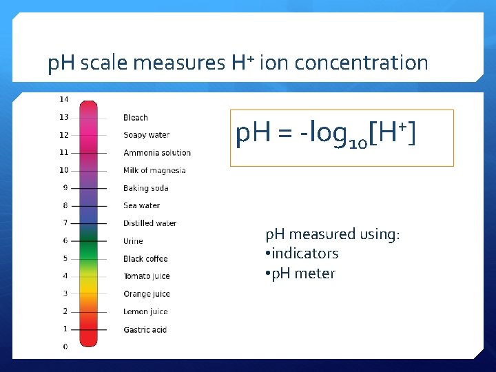 p. H scale measures H+ ion concentration p. H = -log 10 + [H