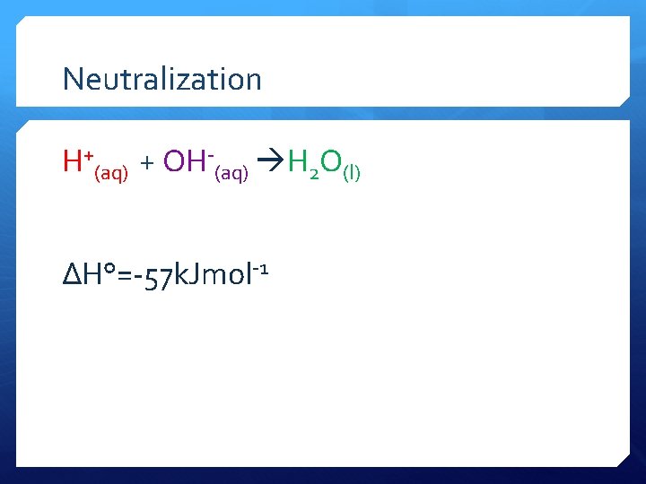 Neutralization H+(aq) + OH-(aq) H 2 O(l) ΔH°=-57 k. Jmol-1 