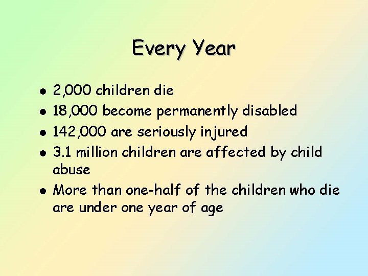 Every Year l l l 2, 000 children die 18, 000 become permanently disabled