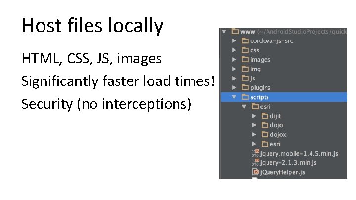 Host files locally HTML, CSS, JS, images Significantly faster load times! Security (no interceptions)