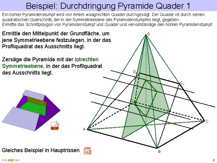 Beispiel: Durchdringung Pyramide Quader 1 Ein hohler Pyramidenstumpf wird von einem waagrechten Quader durchgesägt.