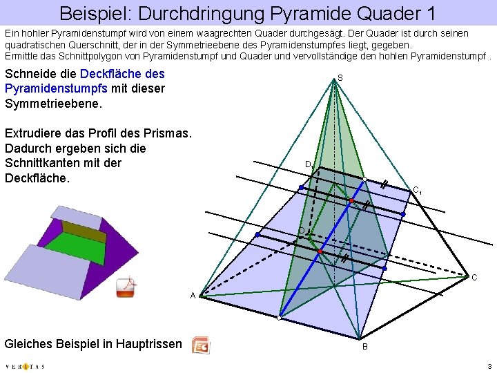 Beispiel: Durchdringung Pyramide Quader 1 Ein hohler Pyramidenstumpf wird von einem waagrechten Quader durchgesägt.