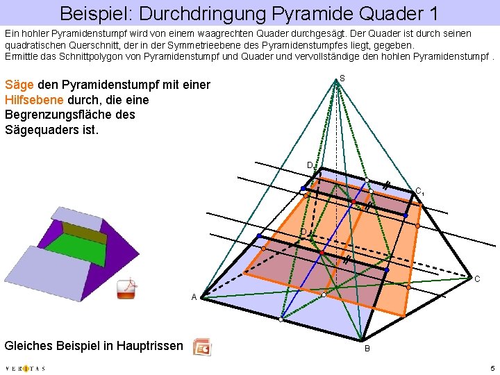 Beispiel: Durchdringung Pyramide Quader 1 Ein hohler Pyramidenstumpf wird von einem waagrechten Quader durchgesägt.