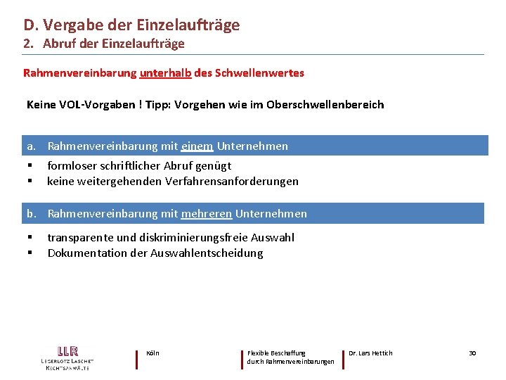 D. Vergabe der Einzelaufträge 2. Abruf der Einzelaufträge Rahmenvereinbarung unterhalb des Schwellenwertes Keine VOL-Vorgaben