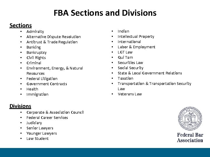 FBA Sections and Divisions Sections • • • Admiralty Alternative Dispute Resolution Antitrust &