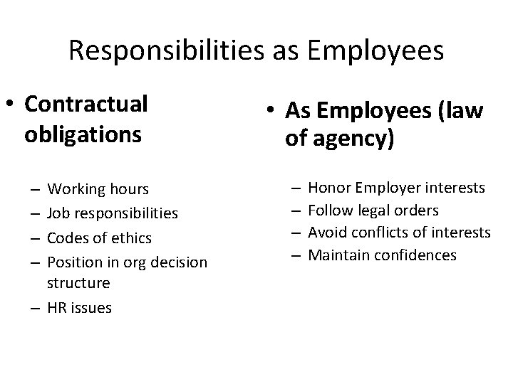 Responsibilities as Employees • Contractual obligations Working hours Job responsibilities Codes of ethics Position