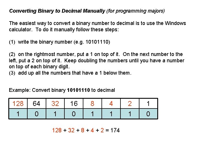 Converting Binary to Decimal Manually (for programming majors) The easiest way to convert a