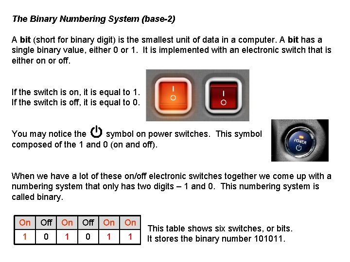 The Binary Numbering System (base-2) A bit (short for binary digit) is the smallest