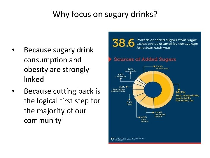 Why focus on sugary drinks? • • Because sugary drink consumption and obesity are