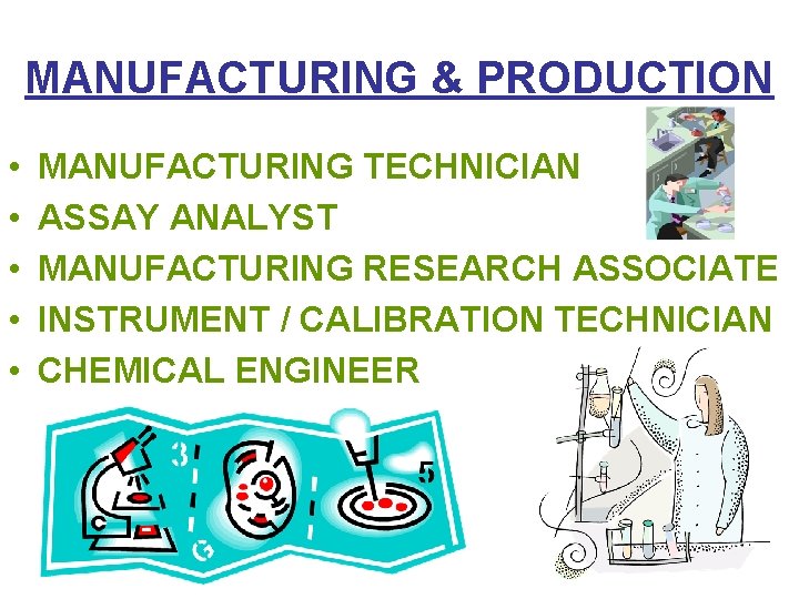 MANUFACTURING & PRODUCTION • • • MANUFACTURING TECHNICIAN ASSAY ANALYST MANUFACTURING RESEARCH ASSOCIATE INSTRUMENT